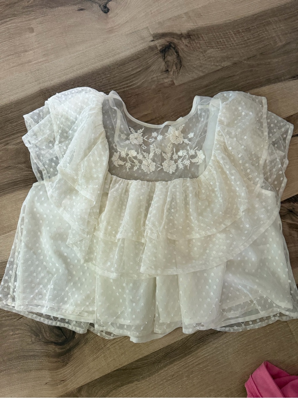 Women’s Cream Lace & Dot Mesh Ruffle Top